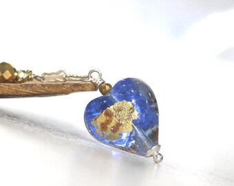 Blue Murano Glass Heart Necklace, Lariat Style, Beaded Chain, 2 Sided Gold and Silver