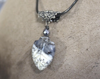 Leaf Carved Dendritic Opal Necklace: Oxidized Sterling Silver, October Birthstone