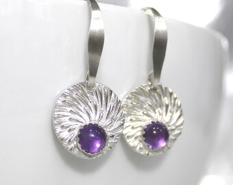Amethyst Sterling Silver Earrings: Fine Silver Sunburst, February Birthstone