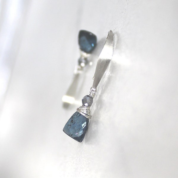 Blue Moss Kyanite Earrings, Navy Sterling Silver, Teal Blue, Simple Petite Natural Blue Gemstone, Lightweight, Wire Wrapped  - Deep Blue Sea