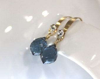 Blue Earrings, London Blue Quartz Earrings, Gold Earrings, Navy Blue, Petite, Faceted Dew Drop, Blue Silver Gold, 14k GF  - Bombay Blues