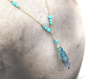 Blue Green Necklace, AAA Chrysocolla Gemstone, Turquoise Necklace, 14K Gold Fill, Lariat Style, Natural Stone, Beaded Chain - Waterfall