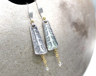 Fine Silver Earrings, Sterling Silver, Silver Gold, Long Dangle, Lightweight, Textured, Tree Motif - Into the Fairy Forest