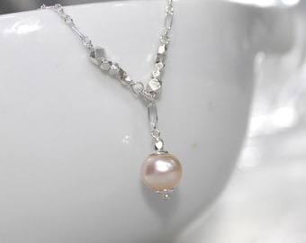 Champagne Pink Freshwater Pearl Necklace, Sterling Silver Necklace, Lariat Style, Beaded Chain
