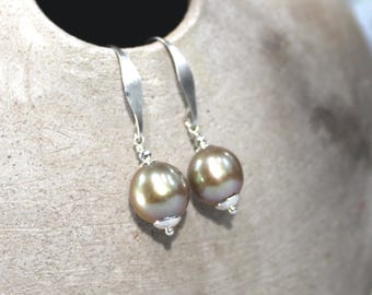 Golden Brown Pearl Earrings, AAA Freshwater Pearl, Sterling Silver