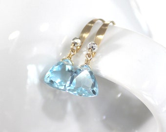 Swiss Blue Quartz Earrings, 14k GF Earrings, Blue Earrings, Blue Gold Silver Earrings, Sky Blue Trillion, Petite, Lightweight - Swiss Blue