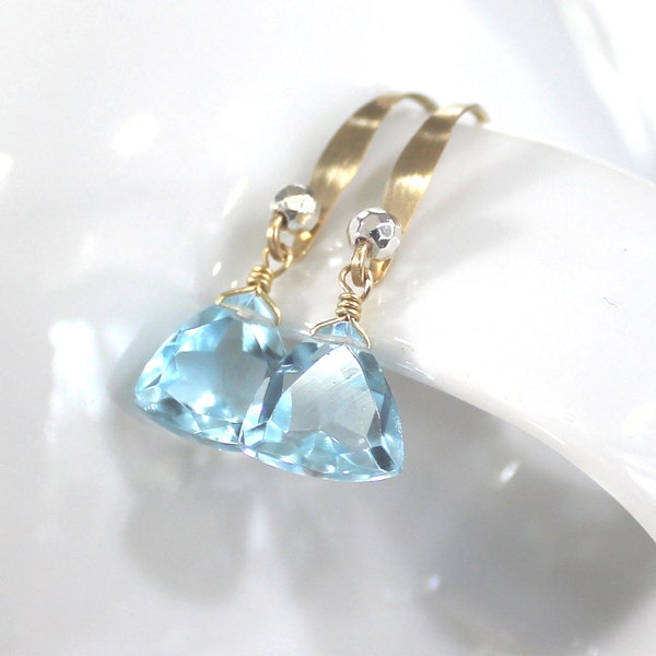 Swiss Blue Quartz Earrings, 14k GF Earrings, Blue Earrings, Blue Gold Silver Earrings, Sky Blue Trillion, Petite, Lightweight - Swiss Blue