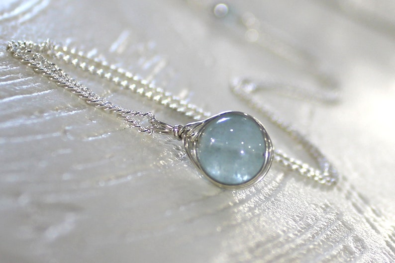 Aquamarine Necklace, Sterling Silver Necklace, Gemstone Necklace, March Birthstone Necklace, Blue, Wire Wrapped, Gift Song of a Sailor image 3