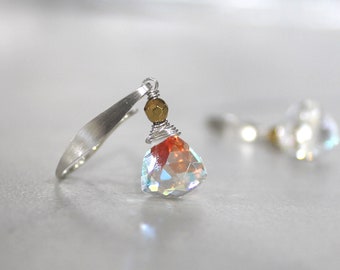 Rainbow Sterling Silver Earrings, Rainbow Quartz Earrings Petite Trillion, April Birthstone, Prismatic Crystal, Wire Wrapped - Diamond Drops