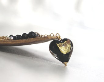 Heart Necklace, Black and Gold Heart, Black Spinel, Lariat Style, Beaded Chain, Authentic Italian Murano Glass - In the Heat of the Night