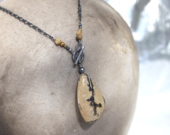 Viper Skin Jasper Lariat Necklace: Sterling Silver Beaded Chain, Southwest Style