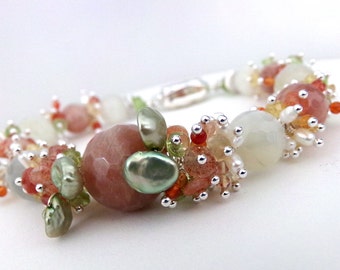 Peach Moonstone Sterling Silver Gemstone Bracelet: June Birthstone