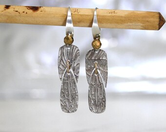 Handmade Fine Silver Textured Earrings with Gold Hematite