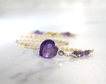 Amethyst Heart Lariat Necklace: 14K Gold Fill, February Birthstone