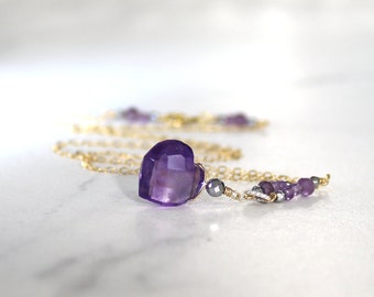 Amethyst Necklace, Gold Necklace, Purple and Gold Necklace, Natural Stone, Gemstone Necklace, February Birthstone, Lariat Style - Passions