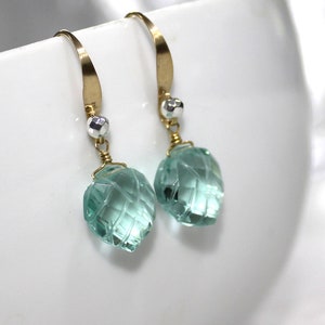 Seafoam Green Quartz Earrings: 14k Gold-Filled, Carved Leaf Briolettes