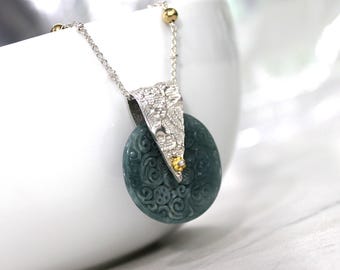 Hand Carved Guatemalan Jade Flower Donut Necklace – Dark Blue Green, Sterling Silver Chain