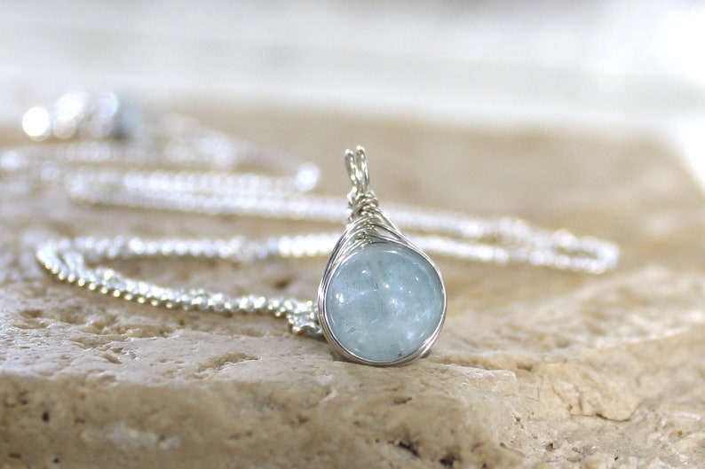 Aquamarine Necklace, Sterling Silver Necklace, Gemstone Necklace, March Birthstone Necklace, Blue, Wire Wrapped, Gift Song of a Sailor image 2