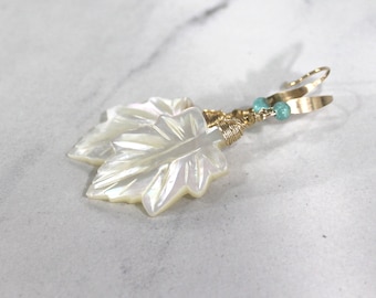 White Earrings,  Mother of Pearl Earrings, Gold Earrings, Kingman Turquoise Long Dangle Earrings Gold Wire Wrapped Carved Leaf - White Satin