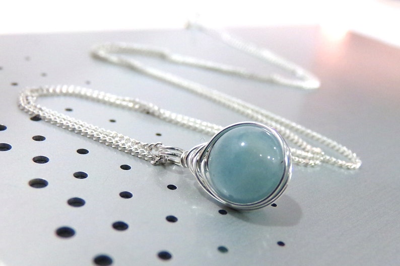 Aquamarine Necklace, Sterling Silver Necklace, Gemstone Necklace, March Birthstone Necklace, Blue, Wire Wrapped, Gift Song of a Sailor image 9