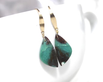 Opal Earrings, Blue, Green, Brown, Petrified Wood Opal, 14kGF, Gold, Natural Stone, Dangle