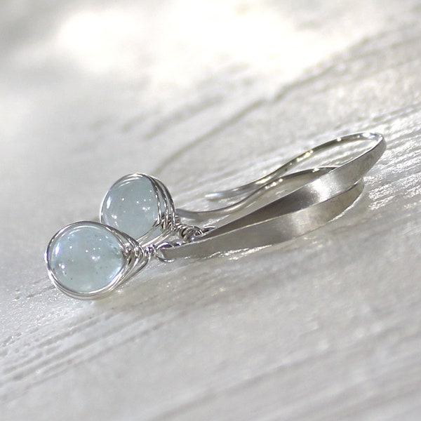 Aquamarine Earrings, Sterling Silver Earrings, Gemstone Earrings, March Birthstone Earrings, Blue Earrings, Wire Wrapped - Song of a Sailor