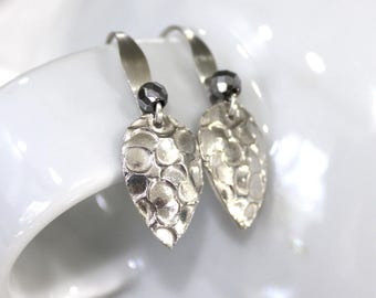 Handmade Fine Silver Hammered Teardrop Earrings with Silver Hematite