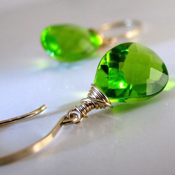 Green Earrings, Peridot Green Earrings, Gold Earrings, Peridot Quartz Earrings, Spring Green - Green Pools