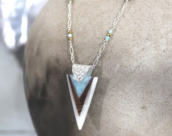 Blue White Necklace, Fine Silver, Sterling, Amazonite, Boulder Opal, White Jade, Larimar, Dagger, Triangle, Beaded Chain  - Holding Your Own