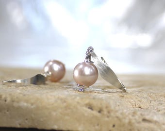 Champagne Pink Pearl Earrings, Sterling Silver, AAA Natural Freshwater Pearl