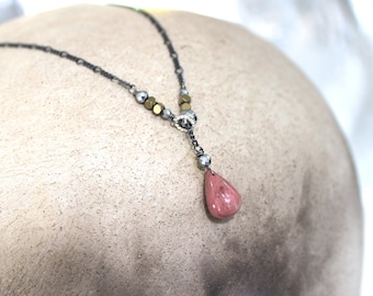 Pink Jasper Necklace, Oxidized Sterling Silver, Natural Stone, Lariat Style, Beaded Chain, Mauve Black Rustic Pyrite, Teardrop - Desert Rose