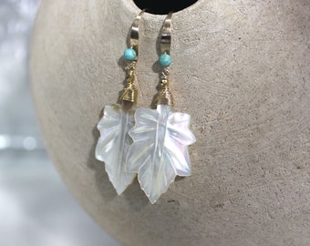 Mother of Pearl Leaf Earrings: Kingman Turquoise, 14k Gold Filled