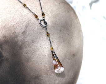 Druzy Necklace, Warring States Red Agate, Lariat Style, Sterling Silver, Beaded Chain