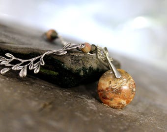 Natural Salmon Pink Jasper Necklace, Birds Eye Jasper, Sterling Silver Branch, Matte Pyrite