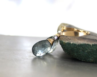 Moss Aquamarine Earrings, AAA Blue Green Aquamarine, 14k Gold Fill, Gemstone, March Birthstone, Wire Wrapped, Lightweight - Steely Blue