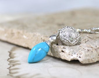 Turquoise Necklace, Fine and Sterling Silver, Beaded Chain,  Marquise Pendant