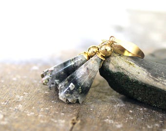 Drusy Earrings, White Quartz with Pyrite, 14k Gold Fill, Cone Druzy