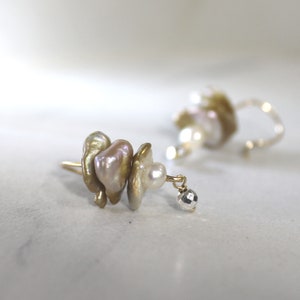 Keshi Pearl Earrings, 14k Gold Fill, White Freshwater Pearl, Petite, Silver, Lightweight, Neutral, Gold Lipped Keshi - Underwater Ruffles