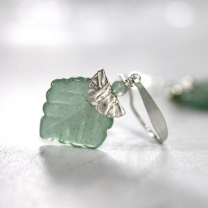 Green Leaf Earrings, Aventurine Earrings, Sage Green, Natural Stone, Fine Silver, Sterling Silver, Carved Stone, Green Cream - Lucky Charm