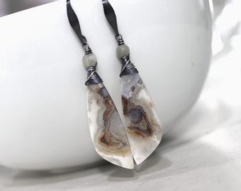 Crazy Lace Agate Earrings: Oxidized Sterling Silver, Amazonite Accent, OAK