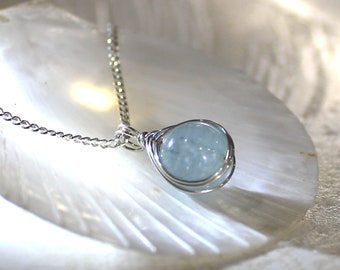 Aquamarine Necklace, Sterling Silver Necklace, Gemstone Necklace, March Birthstone Necklace, Blue Necklace, Wire Wrapped - Song of a Sailor