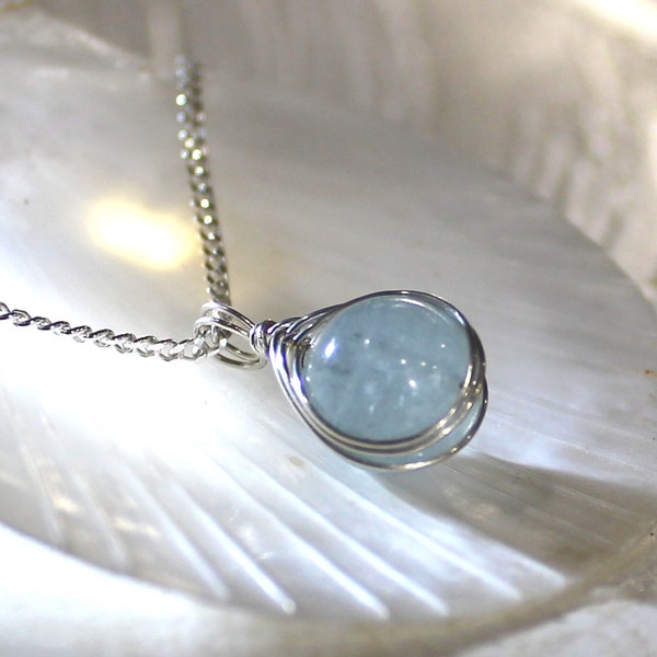 Aquamarine Necklace, Sterling Silver Necklace, Gemstone Necklace, March Birthstone Necklace, Blue, Wire Wrapped, Gift - Song of a Sailor