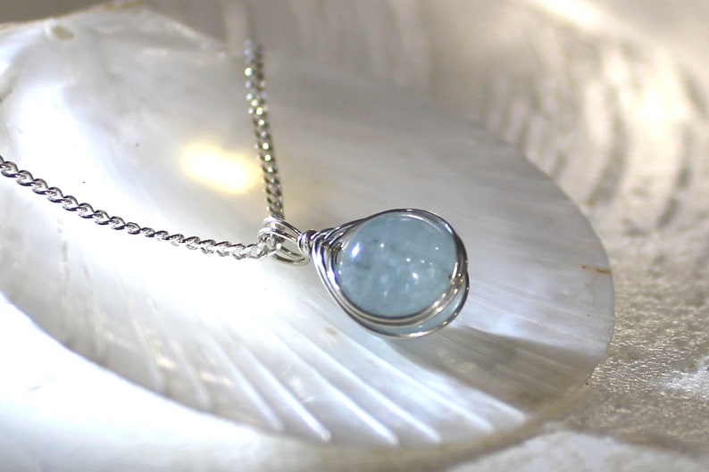 Aquamarine Necklace, Sterling Silver Necklace, Gemstone Necklace, March Birthstone Necklace, Blue, Wire Wrapped, Gift Song of a Sailor image 1