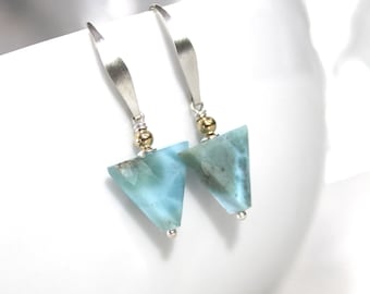 Natural AAA Larimar Earrings,  Sterling Silver and 14kGF, Triangle Shape