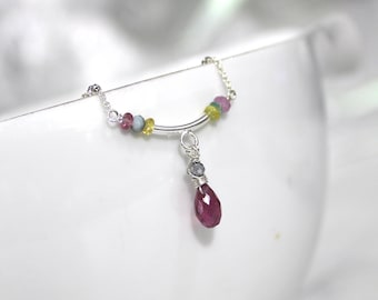 Pink Sapphire Necklace, Silver, Pink, Sapphire Gemstone Necklace, Rainbow, Songea, September Birthstone Necklace, Petite - Sapphire Sunrise