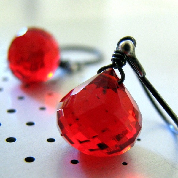 Red Earrings, Red Quartz Earrings, Black Sterling Silver Earrings, Red Fire Quartz AAA, Simple - Blood Pearls