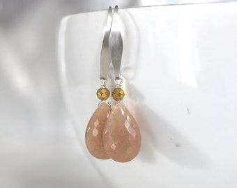 Peach Moonstone Earrings, Sterling Silver, Natural Stone, Moonstone, Peach, Silver, Gold, Pastel Pink Simple, Lightweight - Peachy Keen