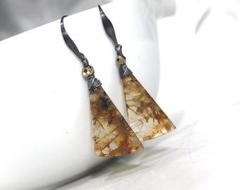 Oxidized Sterling Silver Rutilated Quartz Earrings with Gold Hematite