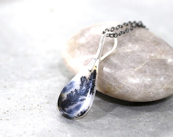 Teardrop Scenic Agate Necklace: Oxidized Sterling Silver Fern Pendant