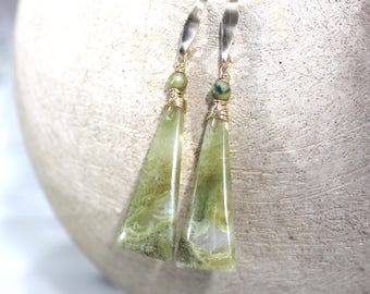 Long Golden Moss Agate Earrings, 14k Gold Fill